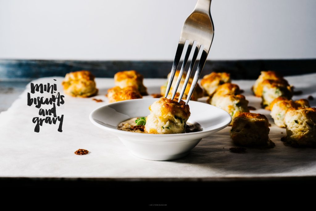Mini Cream Cheese and Green Onion Biscuits and Spicy Sausage Gravy