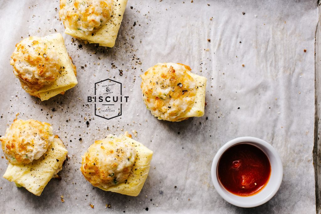 Sour Cream and Cheddar Drop Biscuit Breakfast Sandwiches